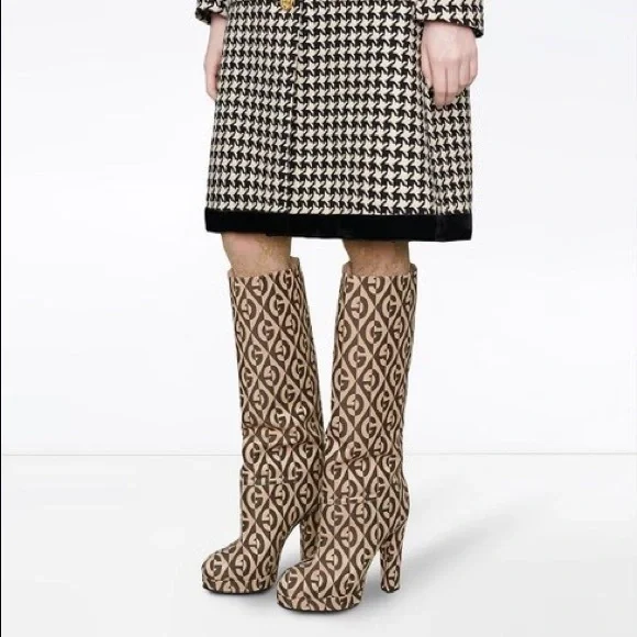 GUCCI Fabric G Rhombus Print Platform Boots Size EU37.5/ US7.5 Beige Cocoa - Picture 11 of 16